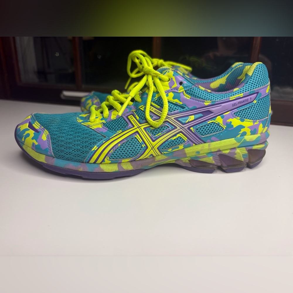 ASICS Gel Frantic 7 Running Shoes Teal Purple Lime Camo – Size 8.5